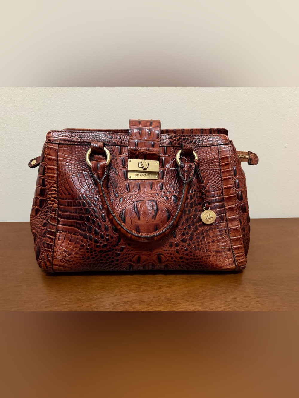 Brahmin Annabelle Melbourne Pecan Leather Croc Embossed Satchel Handbag Purse